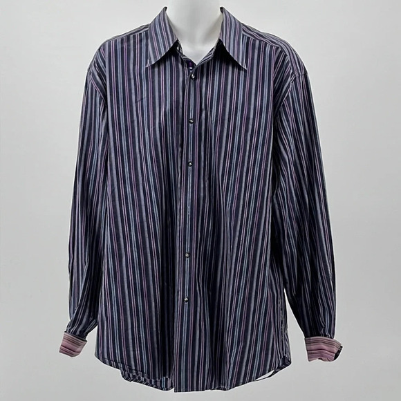 Robert Graham Cotton & Silk Striped Button Front Long Sleeve Shirt - Size 2XL - Picture 1 of 11